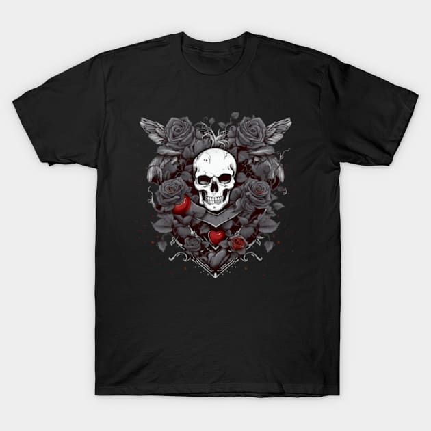 Dark Valentines skull surrounded by Roses T-Shirt by The-Dark-King